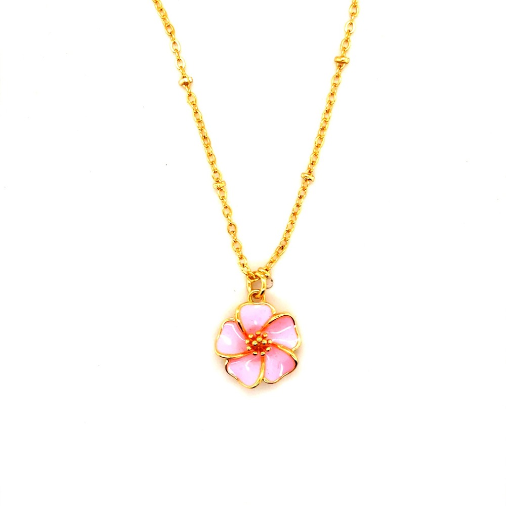 Evry Pink Enamel Flower Pendant Necklace Gold Tone Satellite Chain 16.5-18.5"
